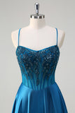 Glitter Blue Corset Spaghetti Straps Long Prom Dress With Sequins