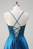 Glitter Blue Corset Spaghetti Straps Long Prom Dress With Sequins