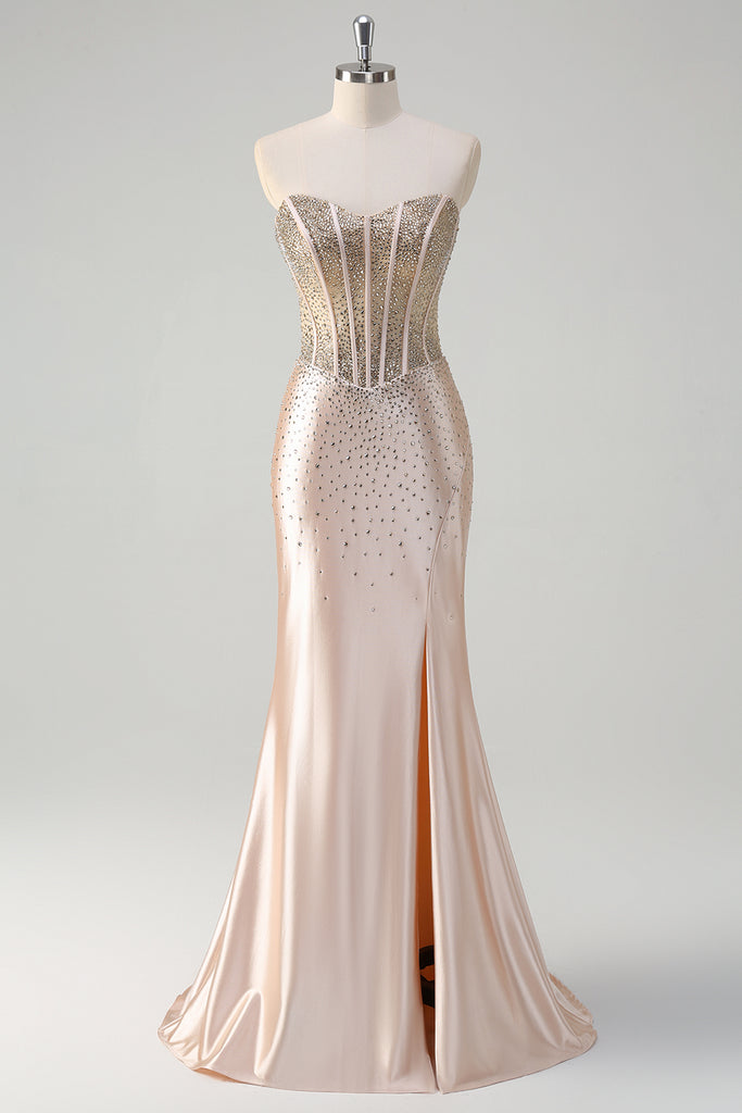 Gorgeous Mermaid Champagne Strapless Floral Sequin Prom Gown with 3D Embroidery