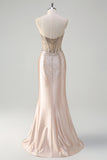 Champagne Mermaid Strapless Corset Long Prom Dress With Beading