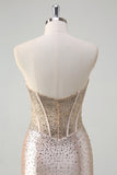 Champagne Mermaid Strapless Corset Long Prom Dress With Beading