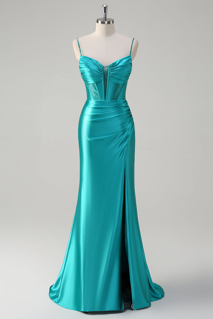 V-neck Spaghetti Straps Long Junior Bridesmaid Dress Peacock