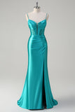 Peacock Mermaid Corset Spaghetti Straps Long Prom Dress with Slit