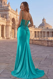 Peacock Mermaid Corset Spaghetti Straps Long Prom Dress with Slit