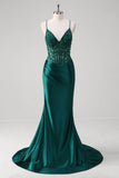 Dark Green Mermaid Pleated Sequin Corset Long Prom Dress With Lace Up Back