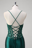 Dark Green Mermaid Pleated Sequin Corset Long Prom Dress With Lace Up Back