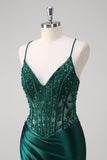 Dark Green Mermaid Pleated Sequin Corset Long Prom Dress With Lace Up Back