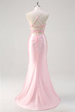 Pink Mermaid Corset Floral Prom Dress with Slit