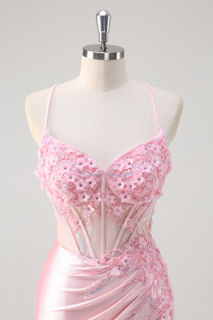 Zapaka Women Pink Corset Floral Mermaid Prom Dress with Slit Long Satin
