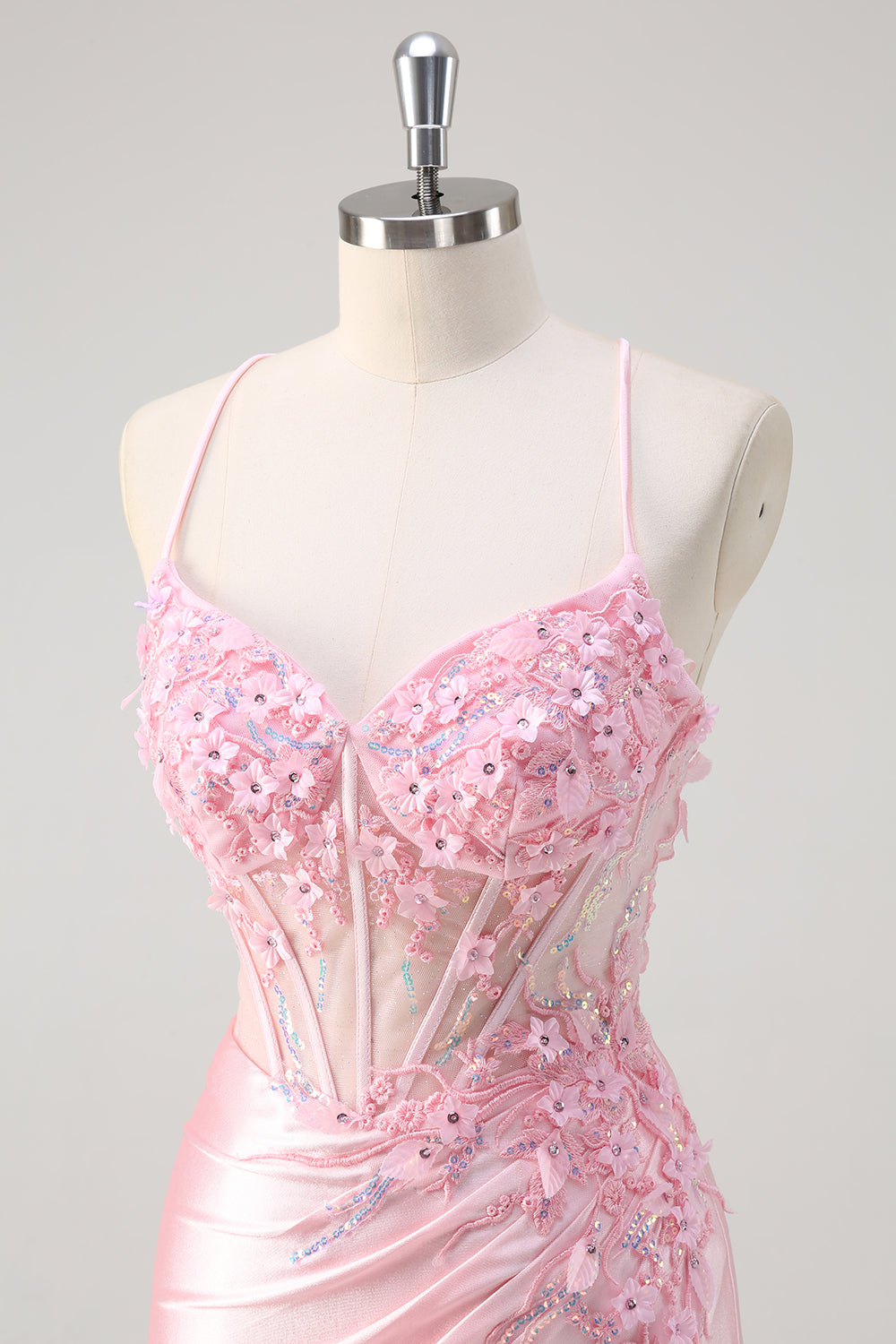 pink mermaid corset floral prom dress with slit Stacees 2026 Ruched Corset Floral Tiered Ruffle Slit Prom Dress with Detachable Straps