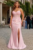 Pink Mermaid Spaghetti Straps Corset Floral Plus Size Prom Dress with Slit