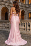 Pink Mermaid Spaghetti Straps Sheer Corset Floral Long Prom Dress with Slit