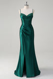 Sparkly Dark Green Mermaid Corset Beaded Long Prom Dress with Slit