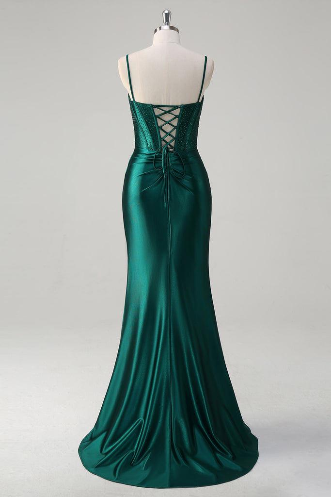 ZAPAKA Women Sparkly Corset Dark Green Mermaid Prom Dress with Slit