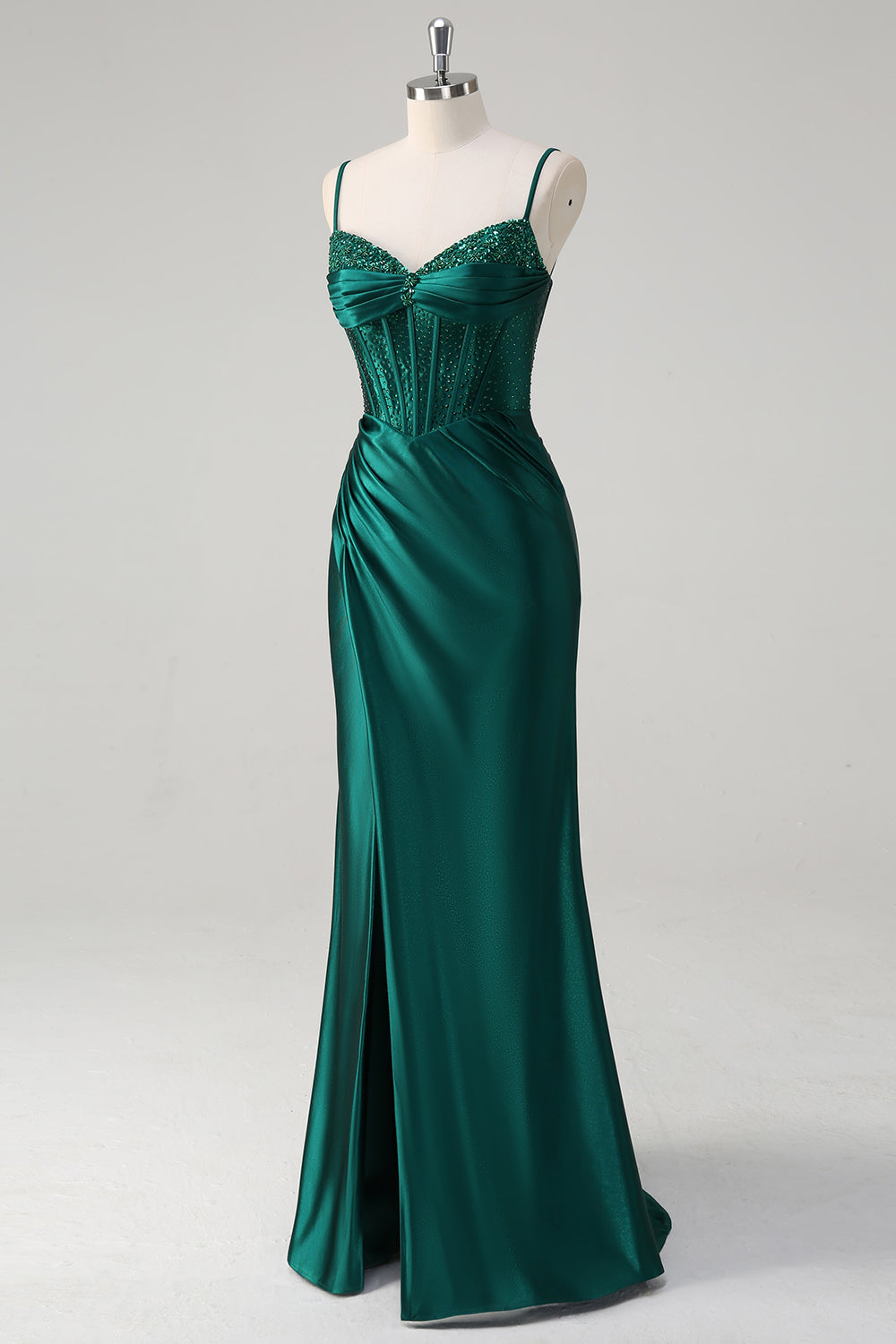 Zapaka Women Sparkly Corset Dark Green Mermaid Prom Dress with Slit Spaghetti Straps Beaded Formal Dress, Dark Green / US2 Zapaka Women Sparkly Corset Dark Green Mermaid Prom Dress with Slit Spaghetti Straps Beaded Formal Dress, Dark Green / US2