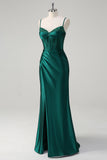 Sparkly Dark Green Mermaid Corset Beaded Long Prom Dress with Slit