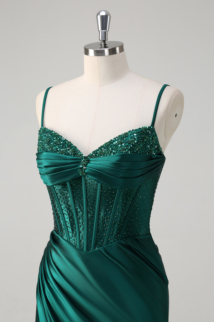 ZAPAKA Women Sparkly Corset Dark Green Mermaid Prom Dress with Slit