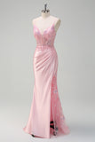 Sparkly Sequins Light Pink Mermaid Ruched Corset Prom Dress with Slit