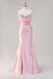 Pink Mermaid Spaghetti Straps Corset Prom Dress with Slit