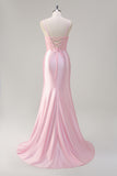 Pink Mermaid Spaghetti Straps Corset Prom Dress with Slit