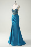 Sparkly Blue Spaghetti Straps V-Neck Ruched Long Prom Dress with Beading