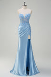 Sparkly Light Blue Mermaid Strapless Corset Sequin Satin Prom Dress with Slit