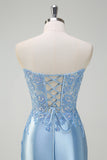 Sparkly Light Blue Mermaid Strapless Corset Sequin Satin Prom Dress with Slit