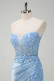 Sparkly Light Blue Mermaid Strapless Corset Sequin Satin Prom Dress with Slit