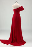 Red Mermaid One Shoulder Pleats Satin Long Prom Dress with Slit