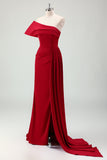 Red Mermaid One Shoulder Pleats Satin Long Prom Dress with Slit