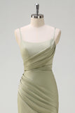 Sage Mermaid Spaghetti Straps Ruched Satin Bridesmaid Dress with Slit