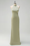 Elegant Sage Halter Mermaid Satin Floor Length Bridesmaid Dress