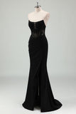 Sparkly Black Mermaid Strapless Corset Appliqued Long Prom Dress with Slit