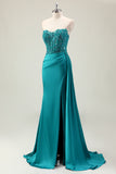 Green Sheath Sweetheart Corset Beaded Long Prom Dress with Appliqued Lace