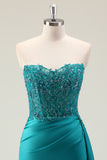 Green Sheath Sweetheart Corset Beaded Long Prom Dress with Appliqued Lace