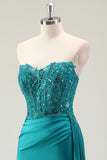 Green Sheath Sweetheart Corset Beaded Long Prom Dress with Appliqued Lace