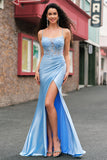 Blue Mermaid Corset Spaghetti Straps Appliqued Long Prom Dress