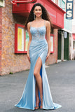 Blue Mermaid Corset Spaghetti Straps Appliqued Long Prom Dress