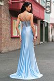 Blue Mermaid Corset Spaghetti Straps Appliqued Long Prom Dress