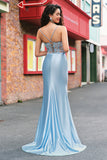 Blue Mermaid Corset Spaghetti Straps Appliqued Long Prom Dress