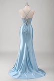 Blue Mermaid Spaghetti Straps Appliqued Long Prom Dress with Slit