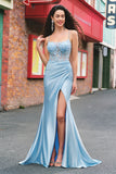 Blue Mermaid Spaghetti Straps Appliqued Long Prom Dress with Slit