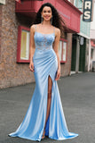 Blue Mermaid Spaghetti Straps Appliqued Long Prom Dress with Slit