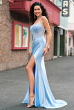 Blue Mermaid Spaghetti Straps Appliqued Long Prom Dress with Slit