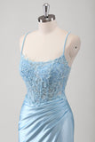 Blue Mermaid Corset Spaghetti Straps Appliqued Long Prom Dress