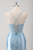 Blue Mermaid Corset Spaghetti Straps Appliqued Long Prom Dress