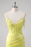 Yellow Mermaid Corset Spaghetti Straps Long Prom Dress With Slit