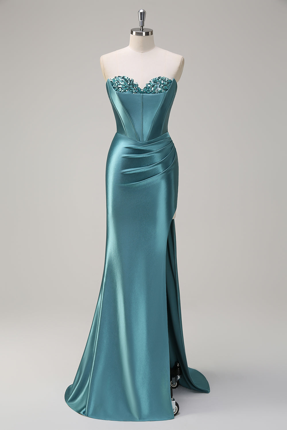 Zapaka Women Royal Blue Long Prom Dress with Slit Mermaid Corset Sequin Ruched Strapless Evening Party Dress, Grey Green / US10 Zapaka Women Royal Blue Long Prom Dress with Slit Mermaid Corset Sequin Ruched Strapless Evening Party Dress, Grey Green / US10