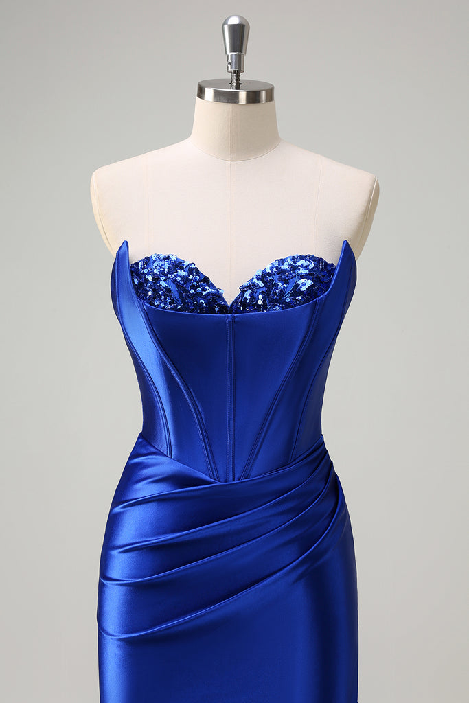 Sparkly Royal Blue Mermaid Beaded Corset Long Ball Dress with Slit