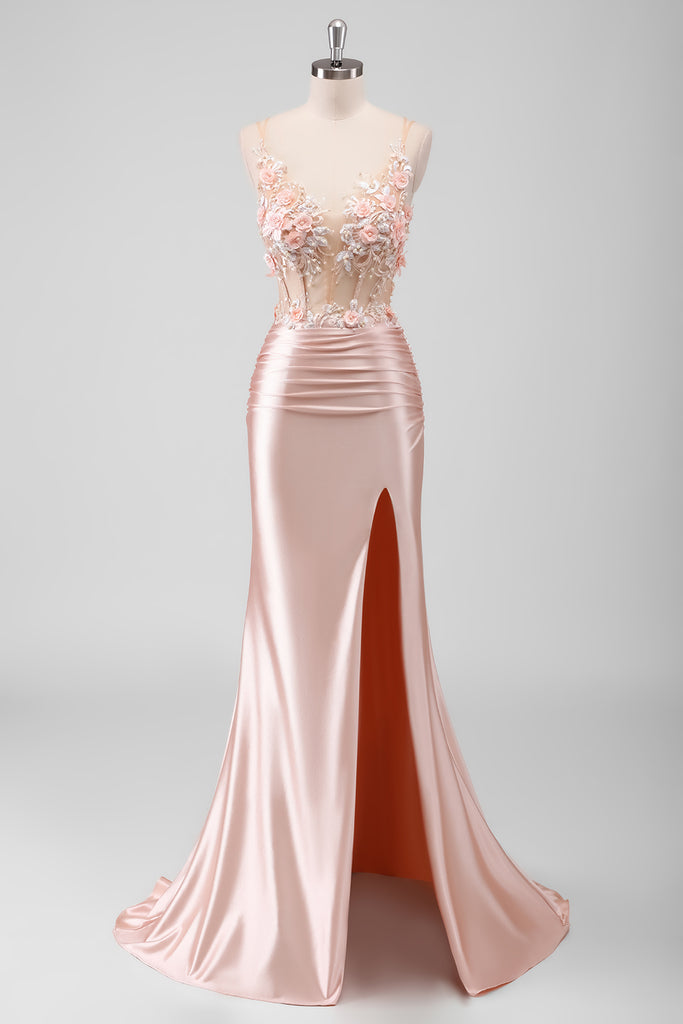 ZAPAKA Women Peach Floral Corset Long Prom Dress with Slit Mermaid